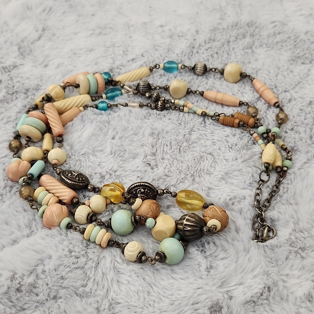 Boho Multi Strand Beaded Necklace Wood Glass Resin Tribal Bohemian